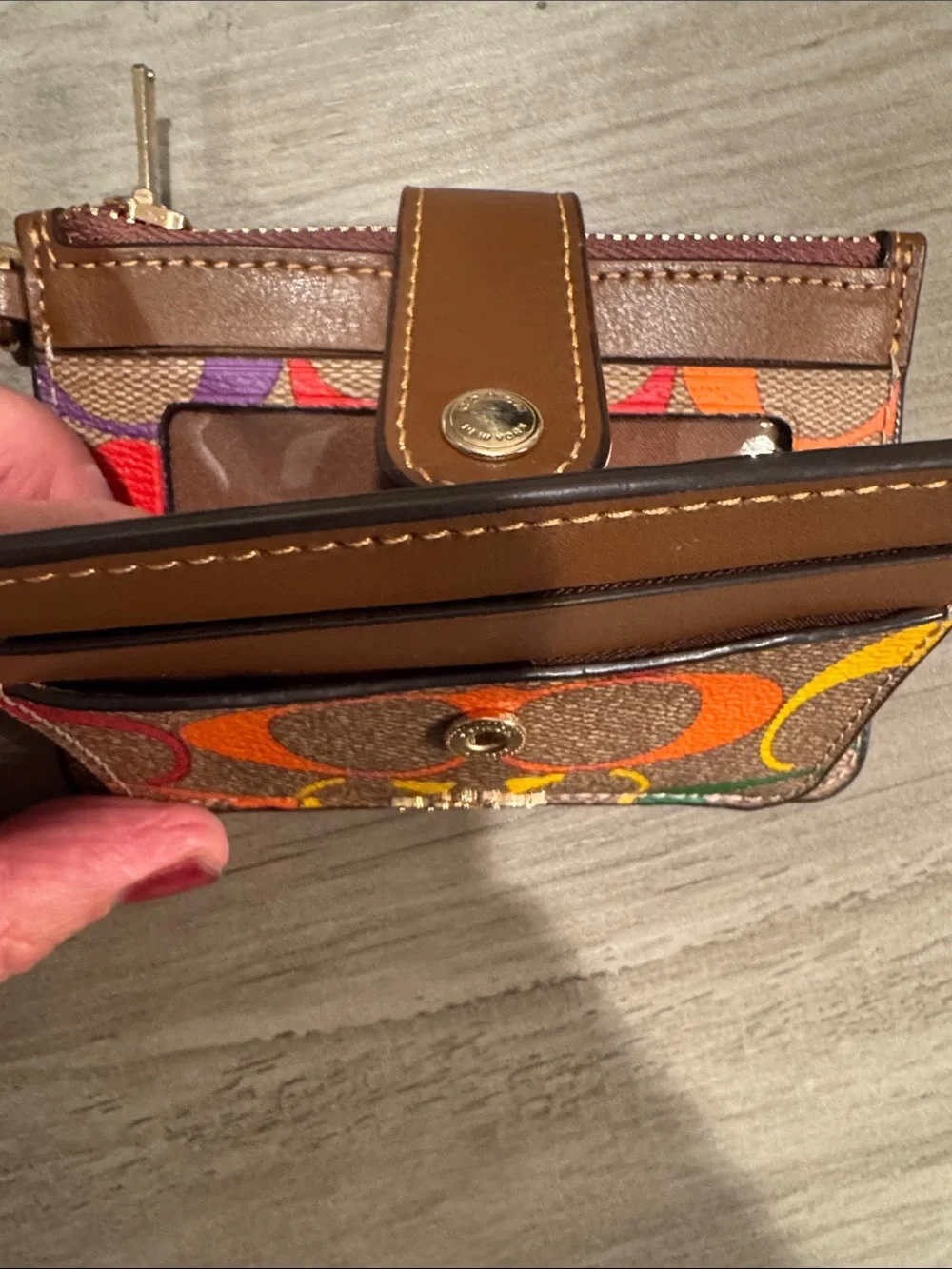 COACH Brown Signature Card Case with Rainbow C and Keyring & Dusty
